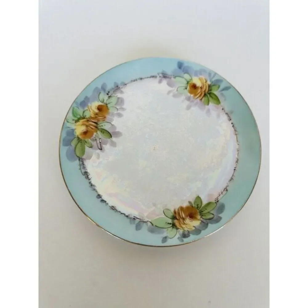 VTG Plate With Yellow Flowers Design Handpainted W/iridescent Center Gold Trim‎